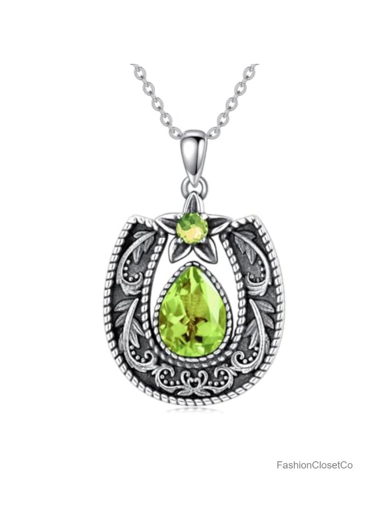 925 Sterling Silver Horseshoe Pendant Necklace With Gemstone